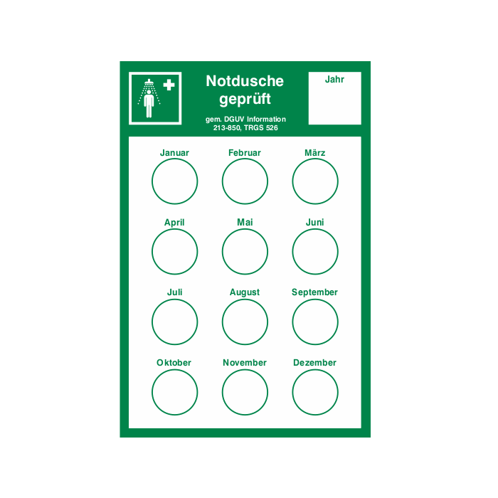 Prüfnachweis für Notduschen nach DGUV Information 213-850, TRGS 526, 100 x 150 mm, 10 Stk./VE