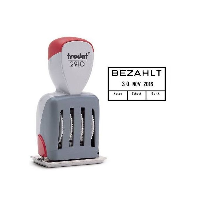 Trodat Classic 2910/P04-C8, Datumstempel mit Standardtext "BEZAHLT", Abdruck 54 x 30 mm