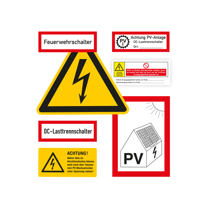 Warn- und Hinweisschilder-Set für PV-Anlagen ohne Batteriespeicher, 42 Aufkleber und Schilder