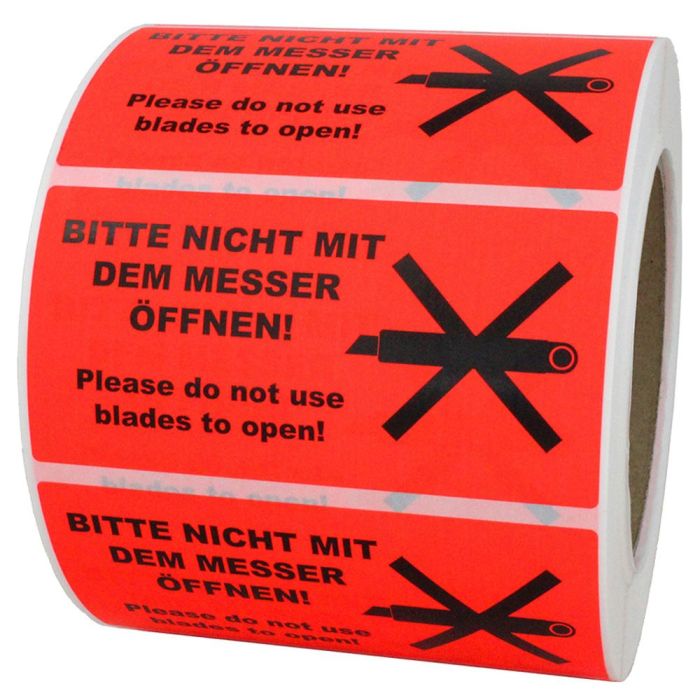 Paketaufkleber NICHT MIT DEM MESSER ÖFFNEN!, Papier, 100 x 50 mm, leuchtrot, 1.000 St./ Rolle