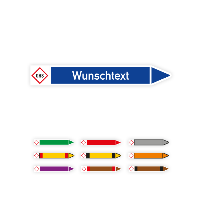 Rohrleitungs-Einzeletiketten gem. DIN 2403 mit GHS -Symbol und Text nach Wunsch, Pfeil rechtsweisend