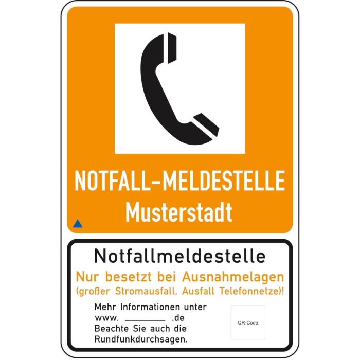 Katastrophenschutzschild, Notfall-Meldestelle mit Wunschaufdruck, orange