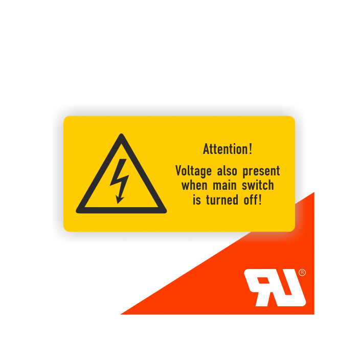 Warnzeichen Attention! Voltage also present when.. UL-zertifiziert, n. DIN EN ISO 7010, Folie,52x26mm