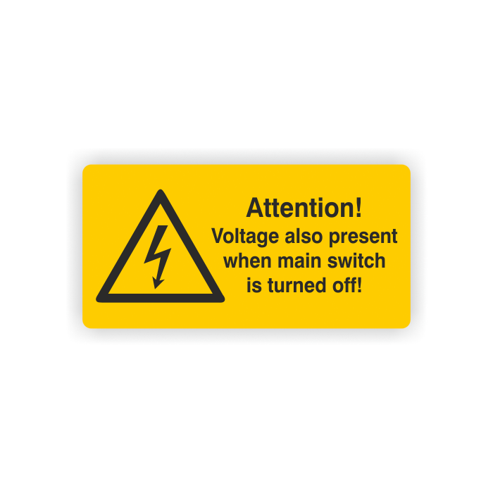 Warnaufkleber, Voltage also when main switch off, Folie,