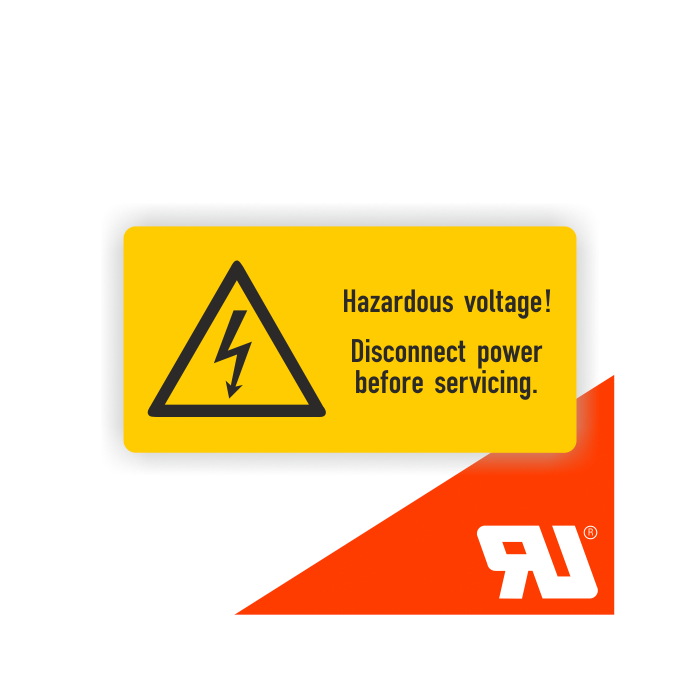 Warnzeichen, Hazardous voltage! Disconnect power…, UL-zertifiziert, n. DIN EN ISO 7010, Folie,52x26mm