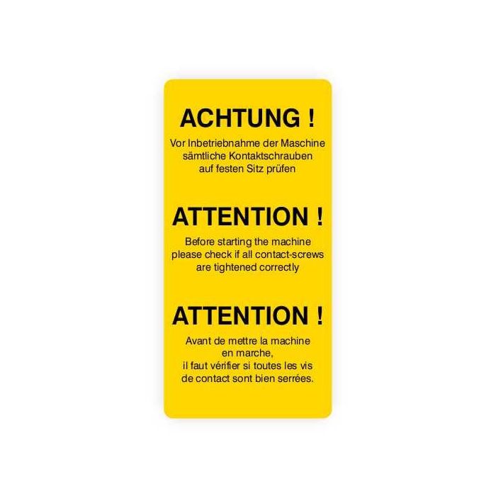 Warnaufkleber, Kontaktschrauben prüfen, 3-sprachig, Folie, 37x74 mm