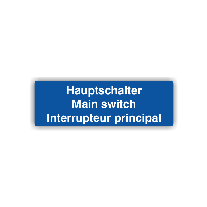 Hinweisschild, Hauptschalter, 3-sprachig, Folie selbstklebend, 74 x 24 mm, blau, 10 St./ VE