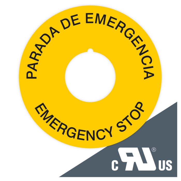 UL-/CSA-Kontrastunterlage, EMERGENCY STOP, Englisch, Spanisch, Folie, Ø 65 mm