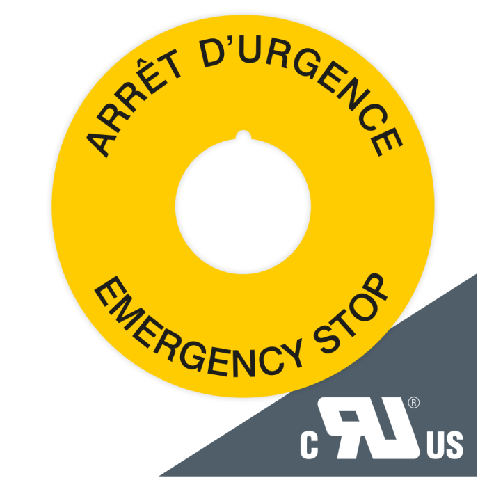 UL-/CSA-Kontrastunterlage, EMERGENCY STOP, Englisch, Französisch, Folie, Ø 65 mm