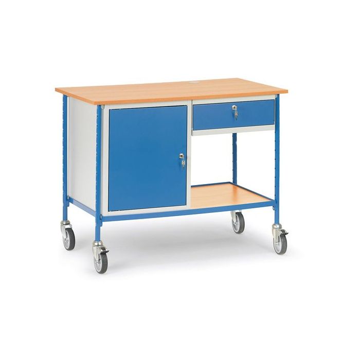 fetra Rolltisch mit 2 Böden, Typ 5866, mit Schublade, Schrank, 1120x650mm, 150 kg, blau
