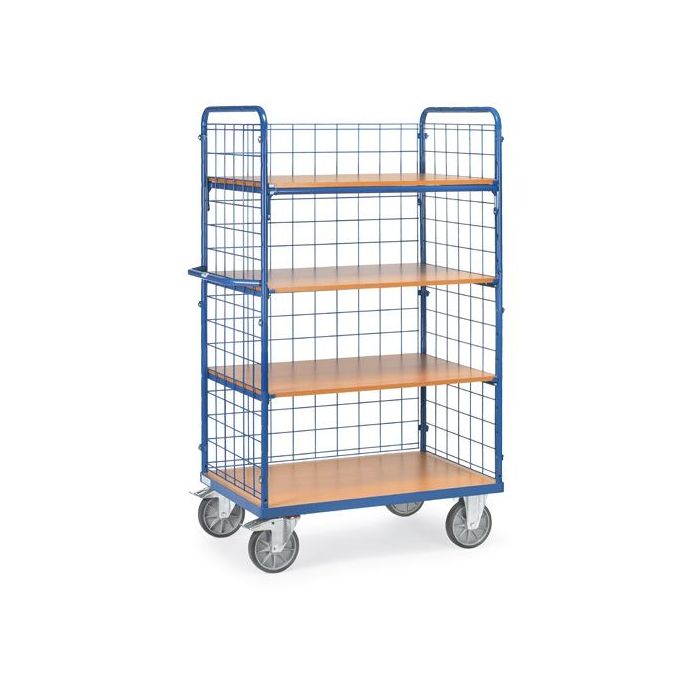 fetra Etagenwagen mit 4 Böden, 3 Drahtgitterwände, 600 kg, blau