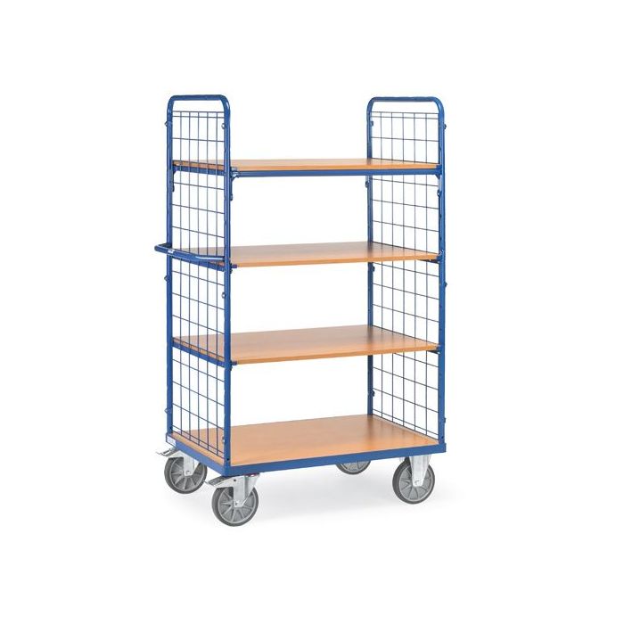 fetra Etagenwagen mit 4 Böden, 2 Drahtgitterwände, 600 kg, blau