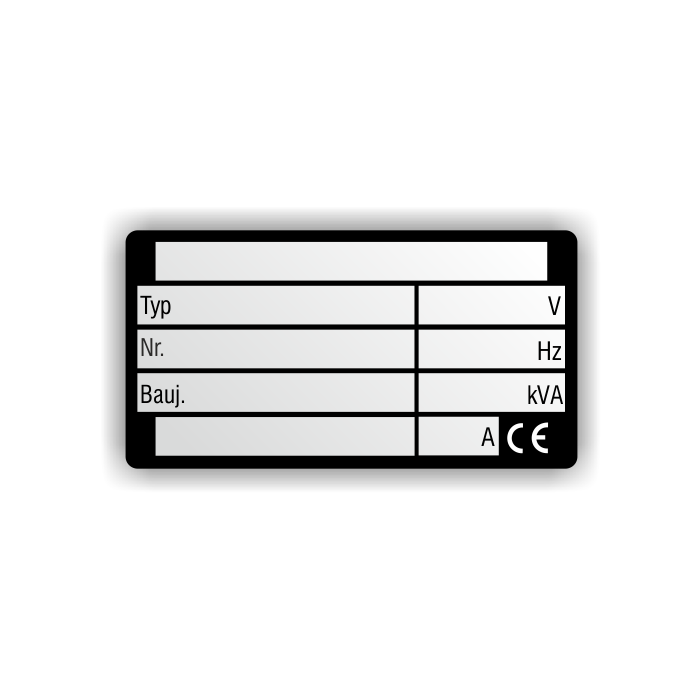 Typen- und Leistungsschild mit Angabe "V" aus Aluminium, 0,5 mm, silber eloxiert, 75 x 40 mm