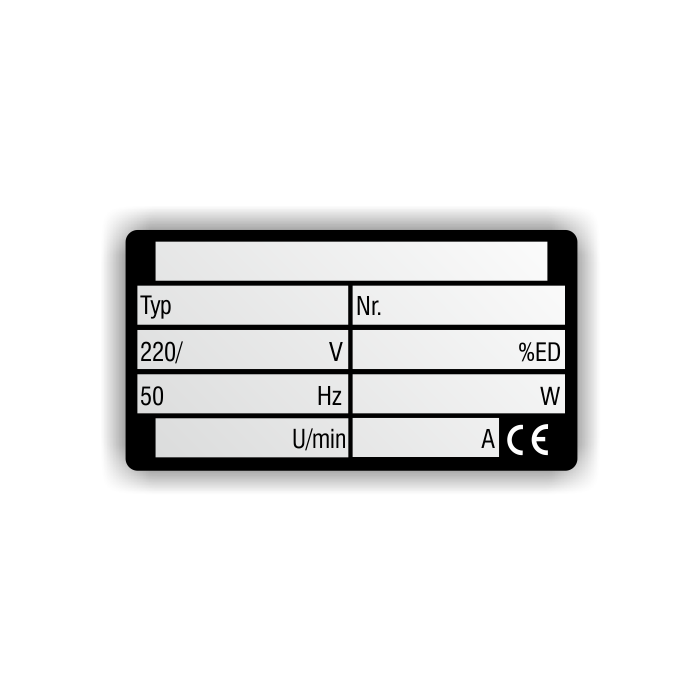 Typen- und Leistungsschild mit Angabe "W" aus Aluminium, 0,5 mm, silber eloxiert, 75 x 40 mm