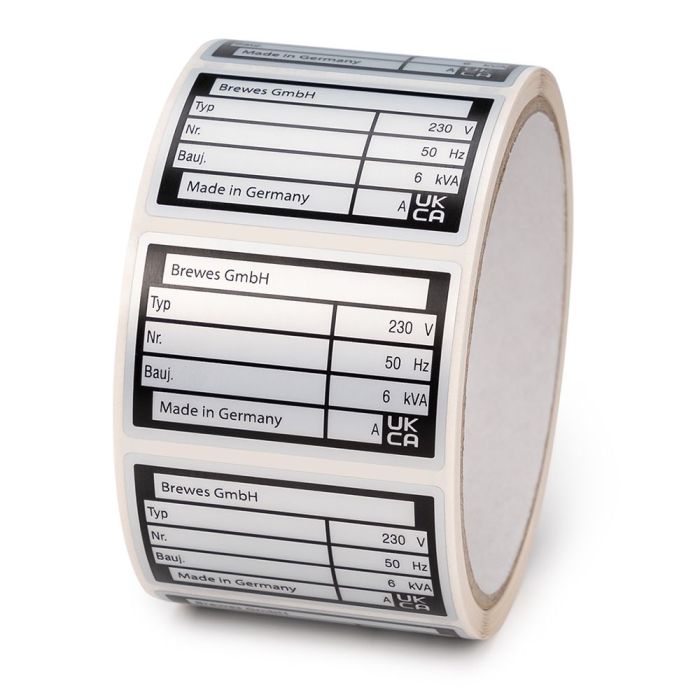 Typenschild auf Rolle, selbstklebend, mit Barcode/  Nummerierung, Polyesterfolie, silber,
