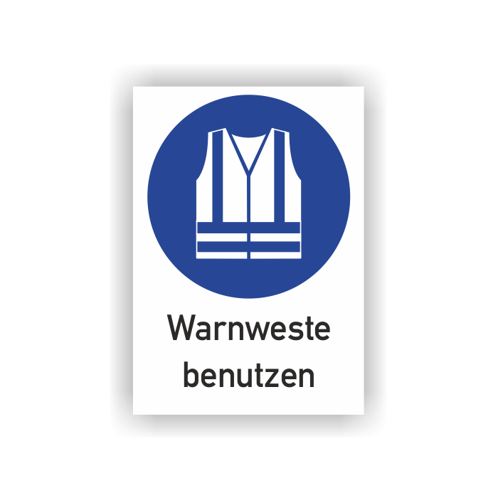 Gebotsschild, Warnweste benutzen, ISO 7010 mit Zusatztext