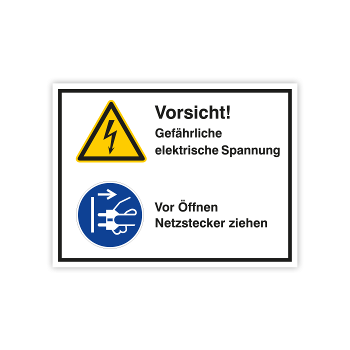Kombischild, Vorsicht! Gefährl. elektr, Spannung, v. Öffnen ...,  ISO 7010, verschiedene Materialien
