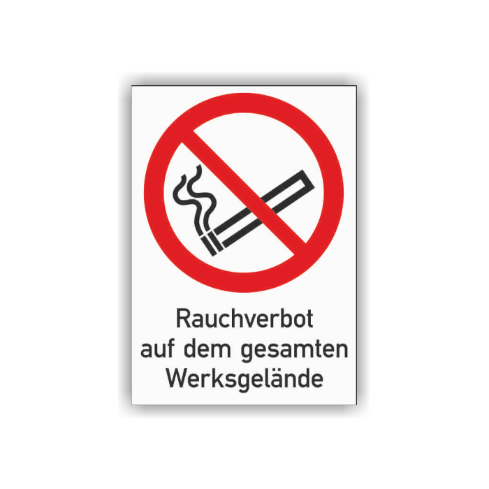 Verbotsschild, Rauchverbot auf dem gesamten Werksgelände, ISO 7010