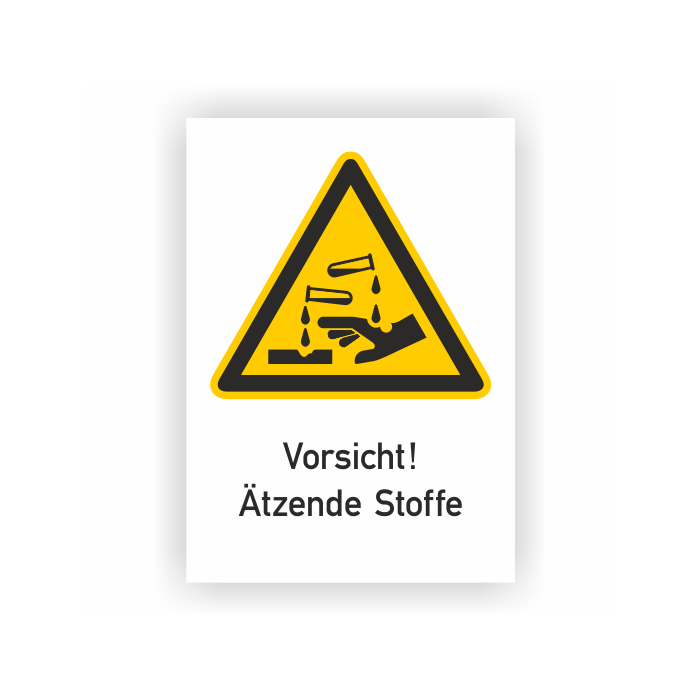 Warnschild, Vorsicht! Ätzende Stoffe, ISO 7010, Aufkleber, Folie, 131 x 185 mm