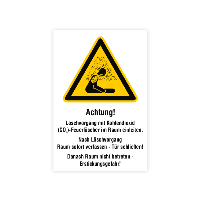 Warnschild, Achtung! Löschvorgang mit CO2-Löscher im Raum.., ISO 7010, versch Ausführungen