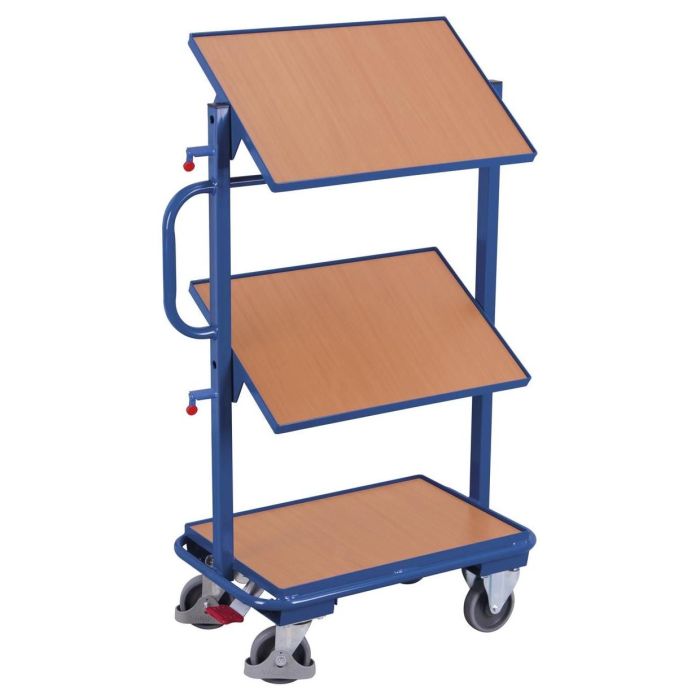 VARIOfit Beistellwagen, 3 Holzböden, neigbar, Traglast 200 kg, 610x410mm, blau
