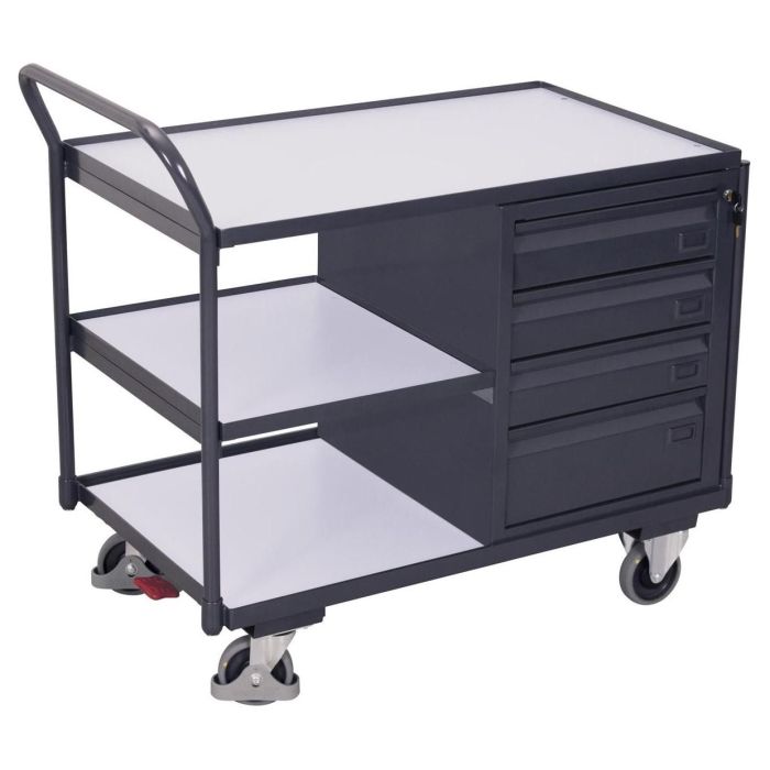 VARIOfit ESD Werkstattwagen mit 3 Ladeflächen, Traglast 250 kg, 4 Schubladen, 985x595mm, graphit
