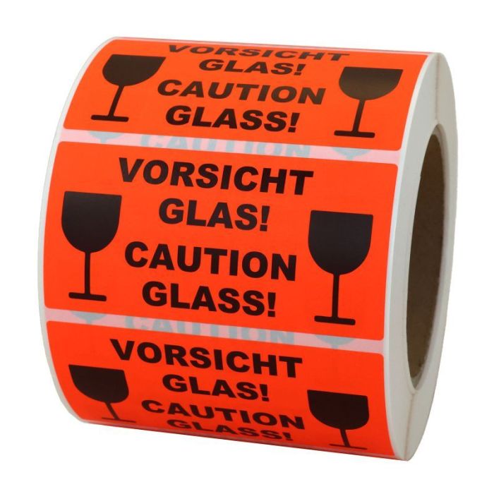 Paketaufkleber VORSICHT GLAS!, Papier, 100 x 50 mm, leuchtrot, 1.000 St./ Rolle