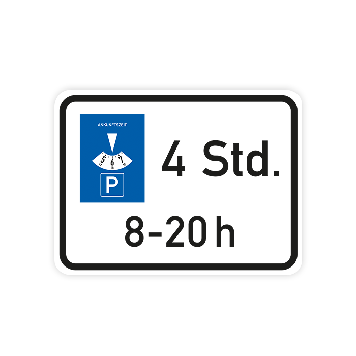 Zusatzzeichen Parkscheibe, 4 Stunden innerhalb von 8 - 20 h, 2 mm flach, 420 x 315 mm, RA2