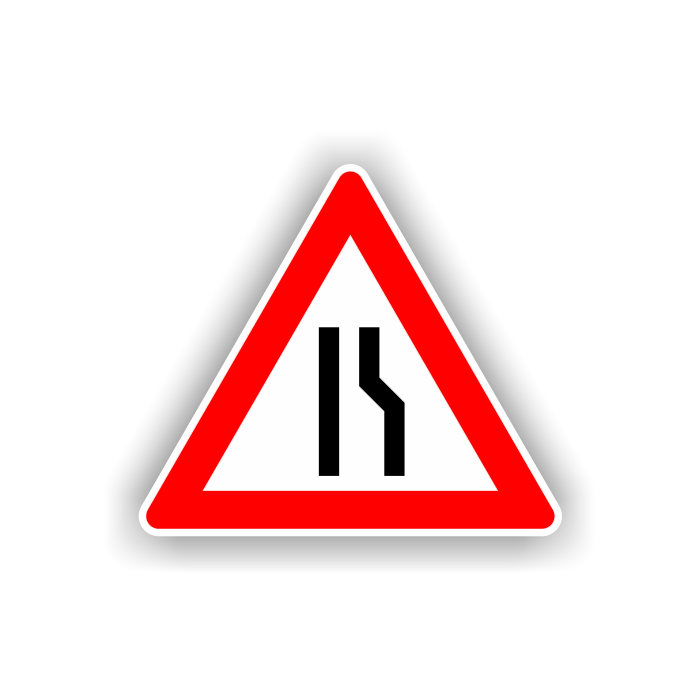 Verkehrszeichen StVO, eins. vereng. Fahrb. rechts VZ 121-10, Alu 2 mm Flachform