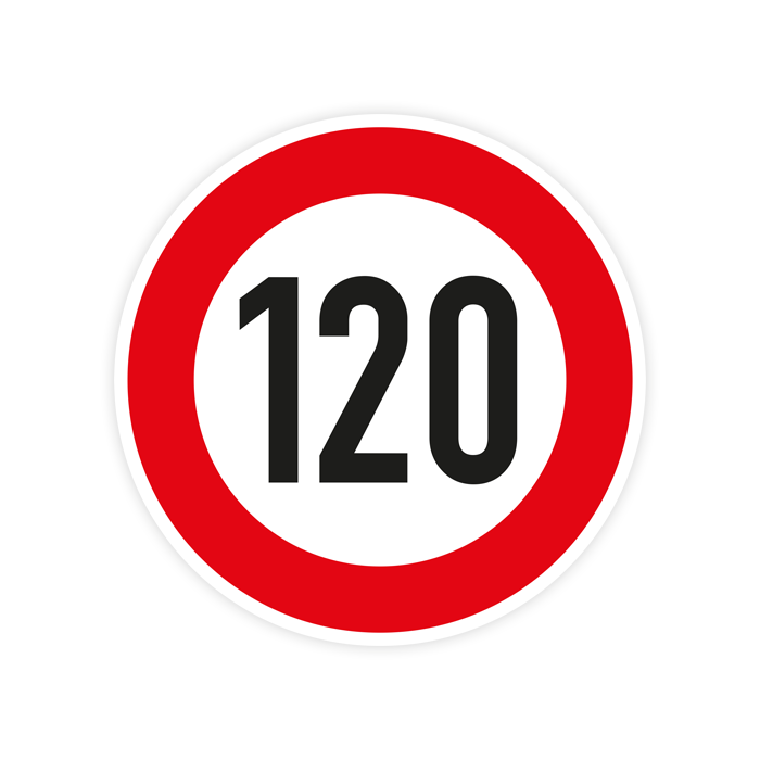 Verkehrszeichen StVO, zul. Höchstgeschw. 120 km/h VZ 274-120, Alu 2 mm Flachform, Ø 750 mm