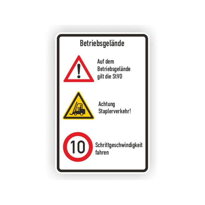 Kombischild Betriebsgelände, Achtung StVO+ Stapler+10 km/h, Aluminium, reflekt., 600 x 900 mm
