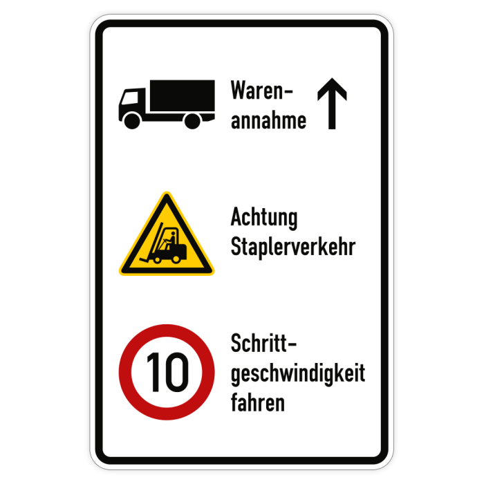 Kombischild Betriebsgelände, Warenannahme+Achtung Staplerverkehr+10 km/h, Alu, RA1, 600 x 900 mm