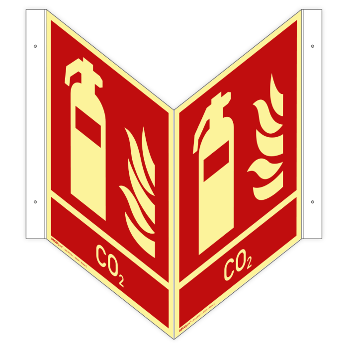 Winkelschild, Feuerlöscher, Zusatztext CO2 ISO 7010, SECUglow 185, Kunststoff, 200 x 250 mm