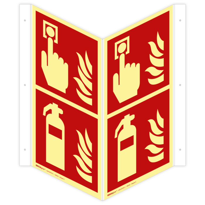 Winkelschild Brandmelder / Feuerlöscher, ISO 7010, SECUglow 185, Kunststoff