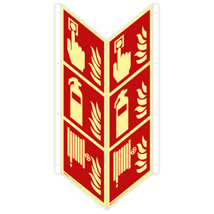 Winkelschild Brandmelder / Feuerlöscher / Löschschlauch, ISO 7010, SECUglow 185, Kunstst.