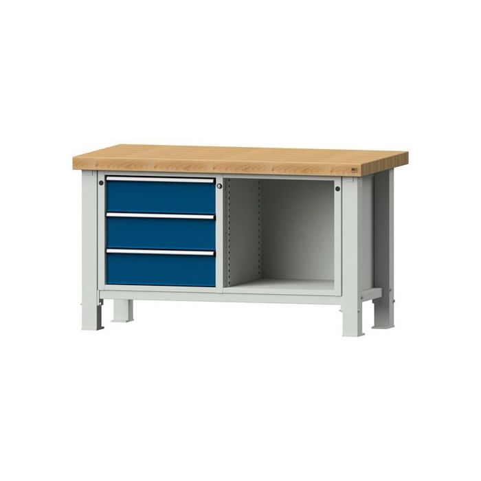 ANKE Schwerlastwerkbank Modell 103 VS, Buche, 1500x800x865, 3 Schubladen, offenes Fach, blau