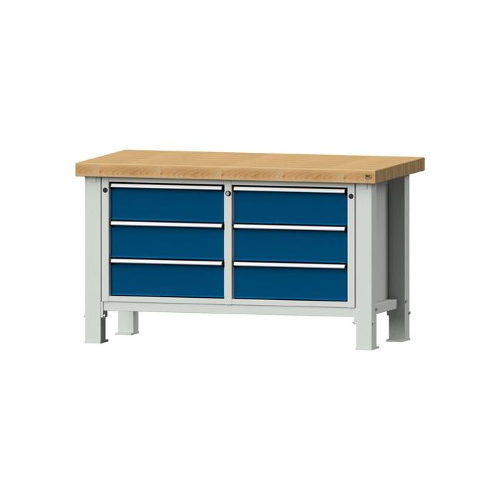 ANKE Schwerlastwerkbank Modell 108 VS, Buche, 1500x800x865, 6 Schubladen, blau