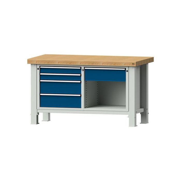 ANKE Schwerlastwerkbank Modell 118 VS, Buche, 1500x800x865 mm, 5 Schubladen, offenes Fach, blau