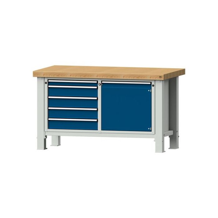 ANKE Schwerlastwerkbank Modell 138 VS, Buche, 1500x800x865 mm, 5 Schubladen, 1 Tür, blau