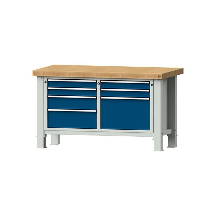 ANKE Schwerlastwerkbank Modell 239 VS, Buche, 1500x800x865 mm, 7 Schubladen, blau