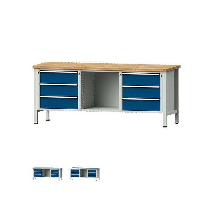 ANKE Kastenwerkbank Modell 120 V, 6 Schubladen, offenes Fach, blau