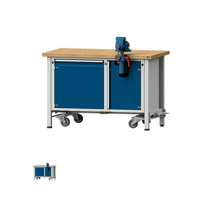 ANKE Montagewerkbank Modell 700 V, Schraubstock, fahrbar, 1 Tür, blau