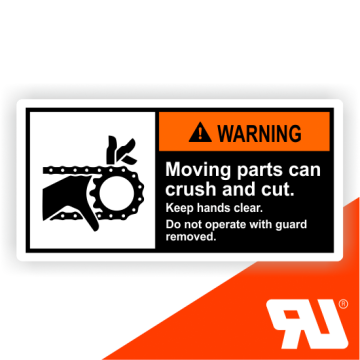 Gerätekennzeichen, Moving parts can crush, UL-zertifiziert, nach ANSI Z535, Folie
