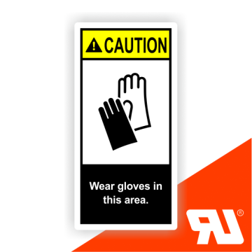 Gerätekennzeichen, Wear gloves in this area, UL-zertifiziert, nach ANSI Z535, Folie