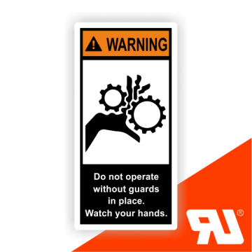 Gerätekennzeichen, Do not operate without guards, UL-zertifiziert, nach ANSI Z535, Folie