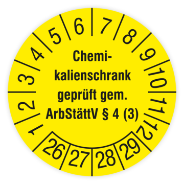 Prüfplakette, Chemiekalienschrank geprüft, 2026 gem. ArbStättV §4 (3), verschiedene Ausführungen
