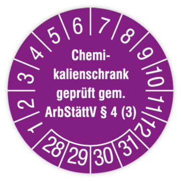 Prüfplakette, Chem.-Schrank geprüft gem. ArbStättV §4 (3), 2028, Dok. mit Oberflächenschutz, Ø 30mm