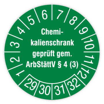 Prüfplakette, Chem.-Schrank geprüft gem. ArbStättV §4 (3), 2029 - 2032, Dok. m. Oberfl.schutz, 30 mm