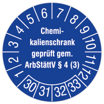 Prüfplakette, Chem.-Schrank geprüft gem. ArbStättV §4 (3), 2030, Dokumentenfolie m. Oberflächenschutz