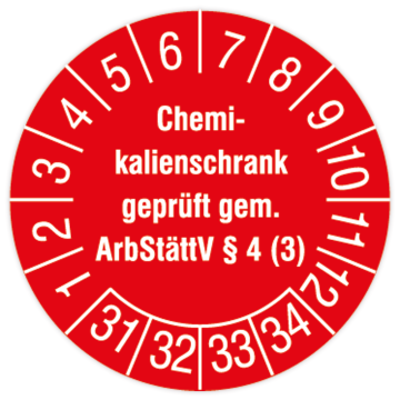 Prüfplakette, Chem.-Schrank geprüft gem. ArbStättV §4 (3), 2031- 2034, Ø 30 mm